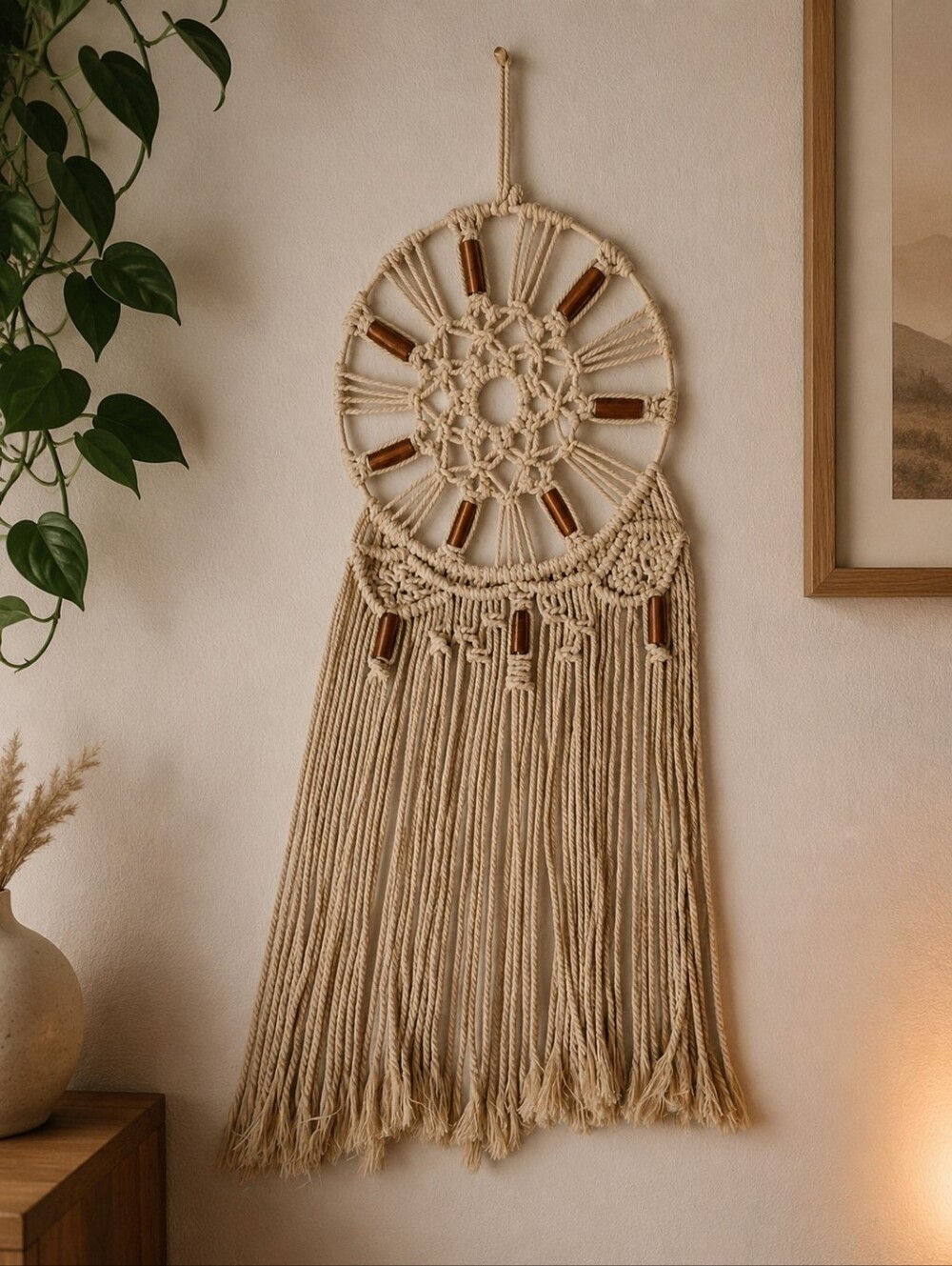 Handmade Dreamcatcher Macramé Wall Hanging with Wooden Beads - Natural Beige